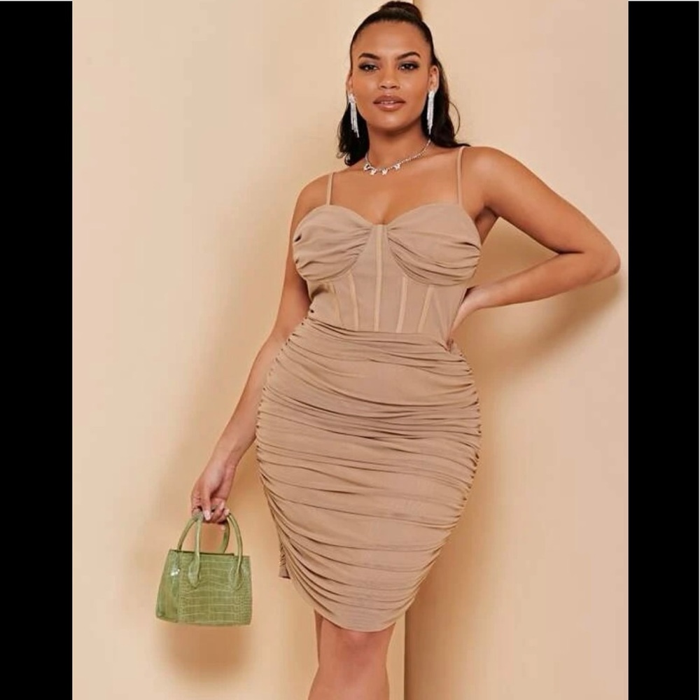 Nude Corset Ruched Bodycon Dress New